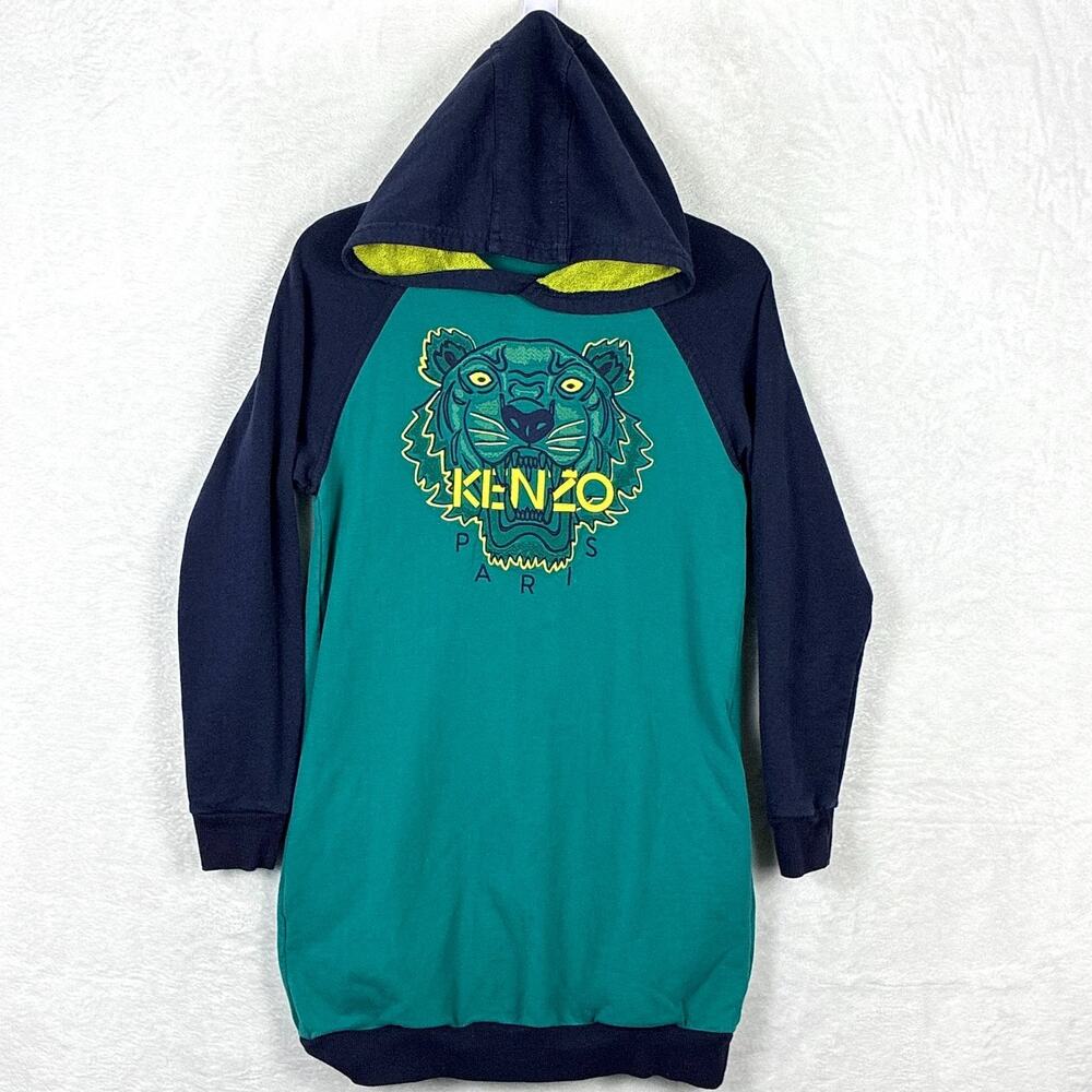Kenzo Sweater Dress Youth Girls 14 Green Blue Embroidered Tiger Hoodie Designer